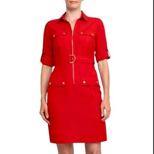 Sharagano short sleeve, zip-front utility shirtdress in a vibrant red Size 12